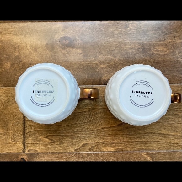 STARBUCKS Pair of (2) White Geometric 12 Oz Bronze Colored Handle Coffee Mugs - Picture 4 of 8